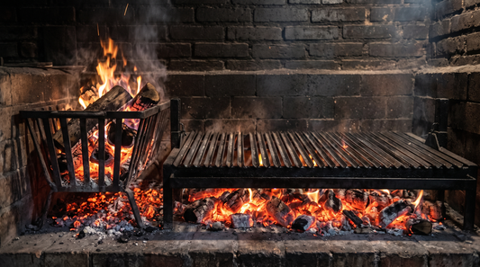 Parrilla uruguaya de varillas redondas con quemador de brasas al costado