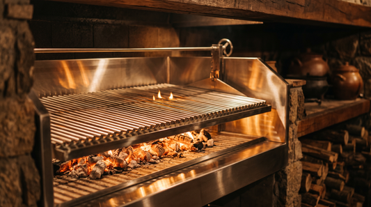 Parrilla de acero inoxidable en un quincho uruguayo con brasas encendidas