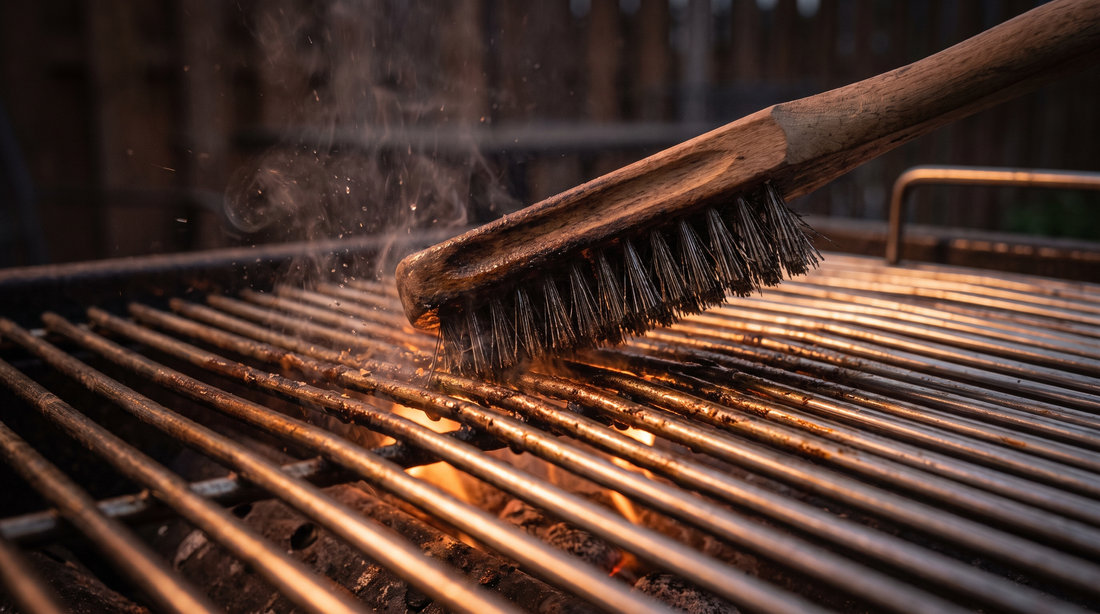 Limpieza de parrilla de acero inoxidable con cepillo de acero en caliente