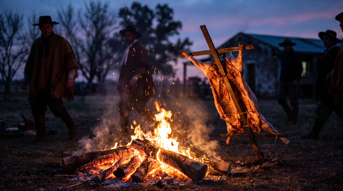 Asado a la estaca al estilo gaucho sobre fuego abierto