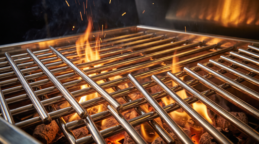 Parrilla de acero inoxidable nueva sobre su primer fuego