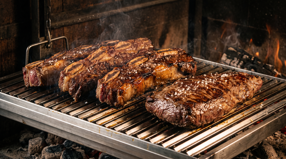 Asado de tira y vacío cocinándose a las brasas en parrilla de acero inoxidable