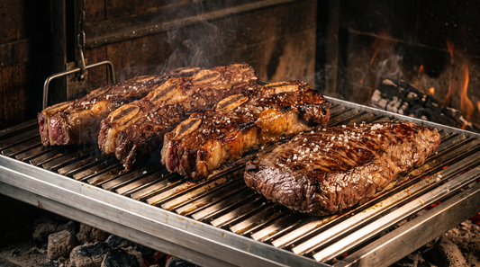 Asado de tira y vacío cocinándose a las brasas en parrilla de acero inoxidable