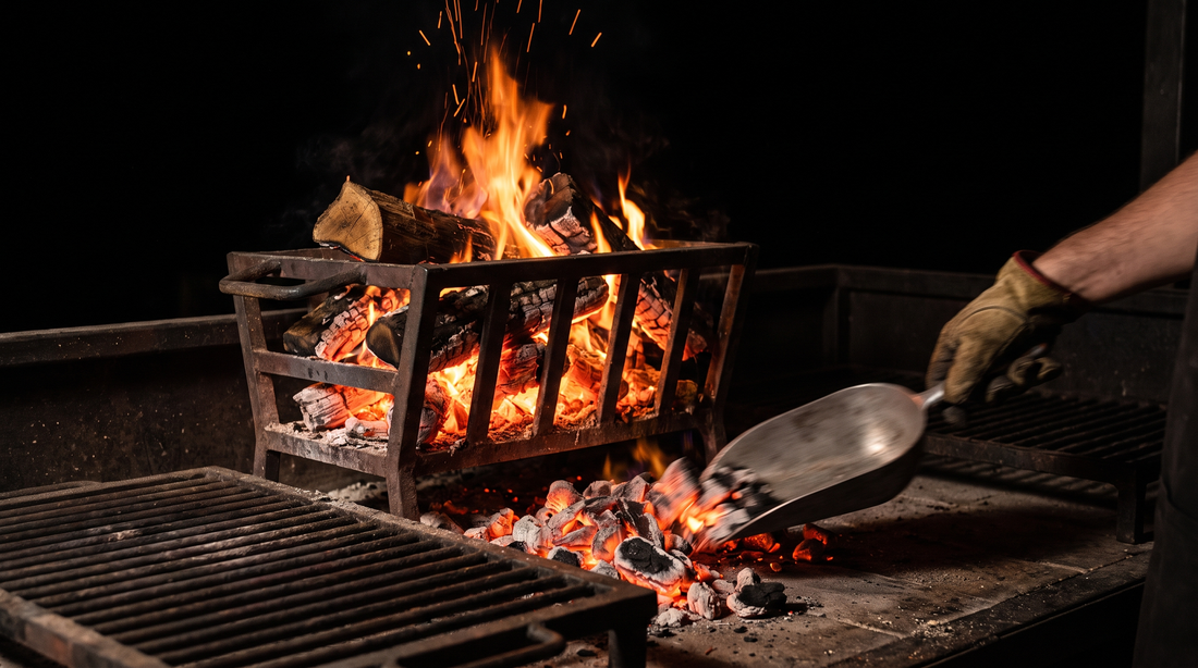 Leña haciéndose brasa en el quemador del parrillero uruguayo