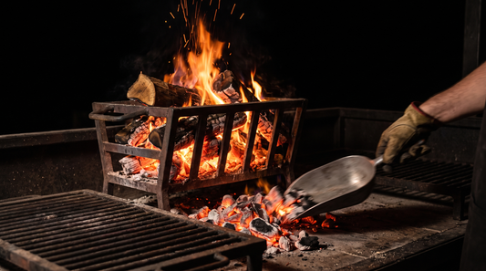Leña haciéndose brasa en el quemador del parrillero uruguayo