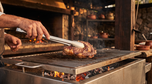 Asador dando vuelta la carne con pinza larga sobre la parrilla