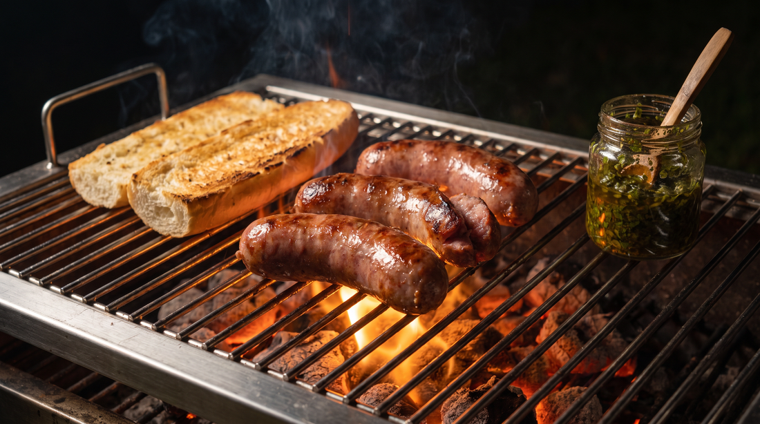 Choripán perfecto: chorizos dorados sobre parrilla de acero inoxidable con brasas, pan tostado y chimichurri