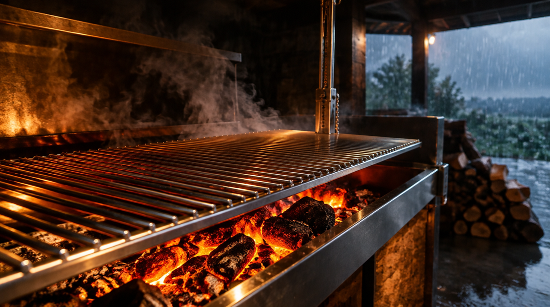Asado con lluvia: parrilla de acero inoxidable con brasas encendidas bajo un quincho techado mientras llueve afuera
