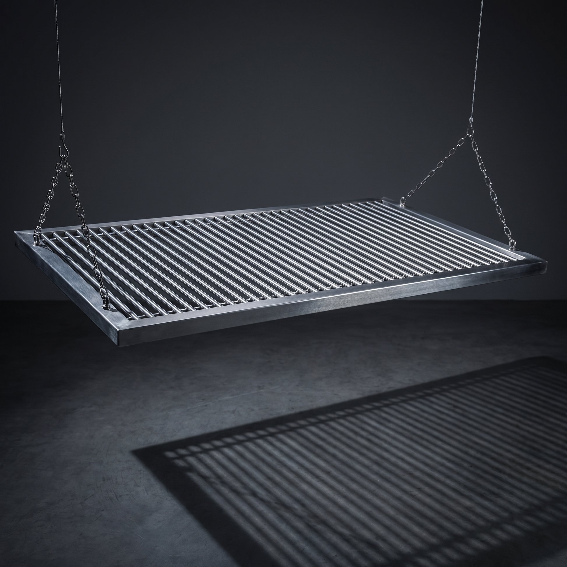 Detalle de la parrilla de varillas de acero inoxidable en modulos removibles colgada de cadenas