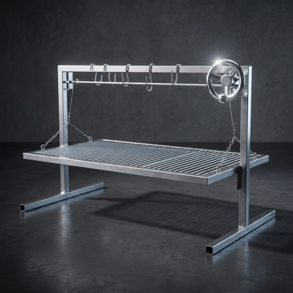 Parrilla Modular Estilo Argentino NABRASA en acero inoxidable 304 con elevacion frontal a volante, vista tres cuartos