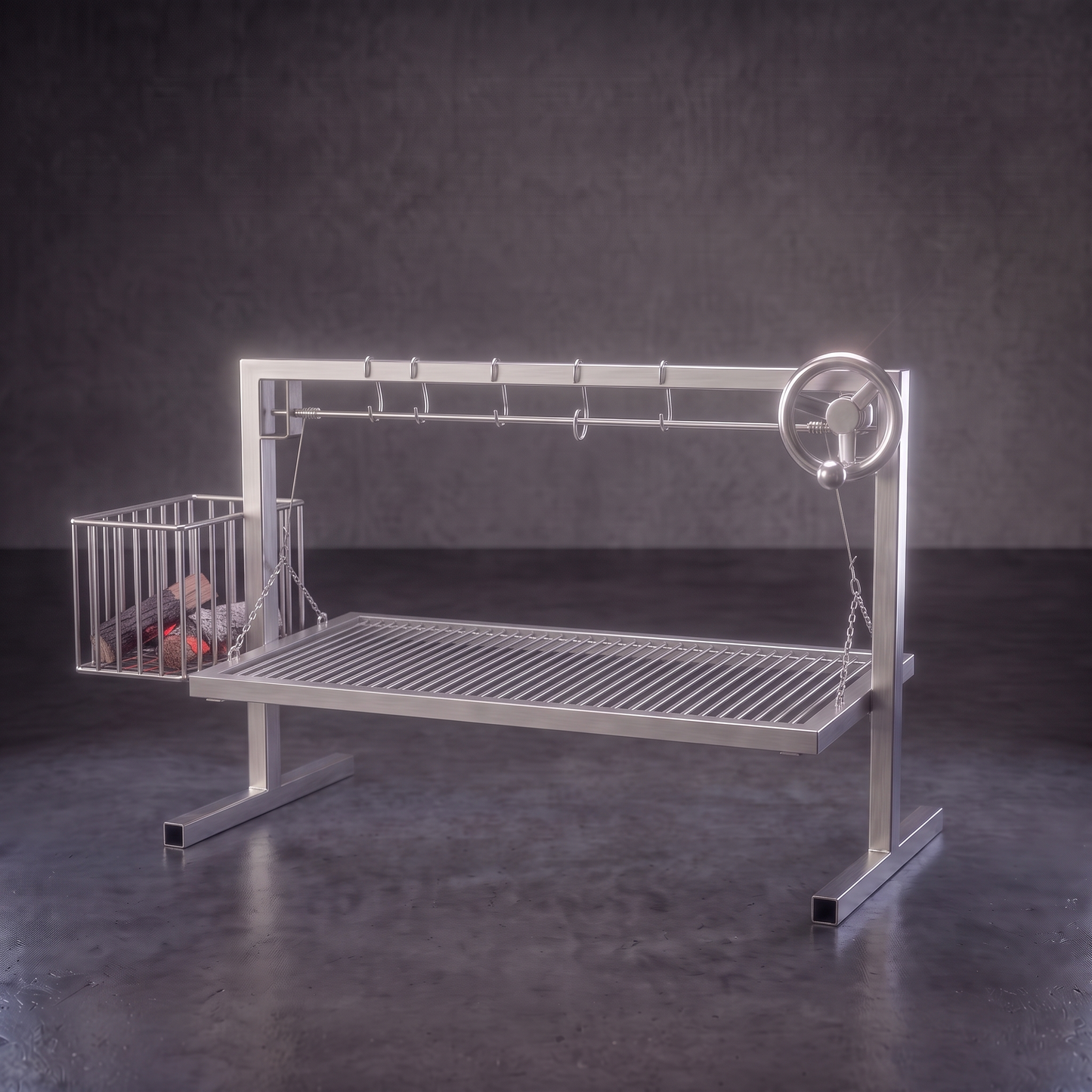 Vista tres cuartos de la parrilla modular estilo argentino con quemador lateral