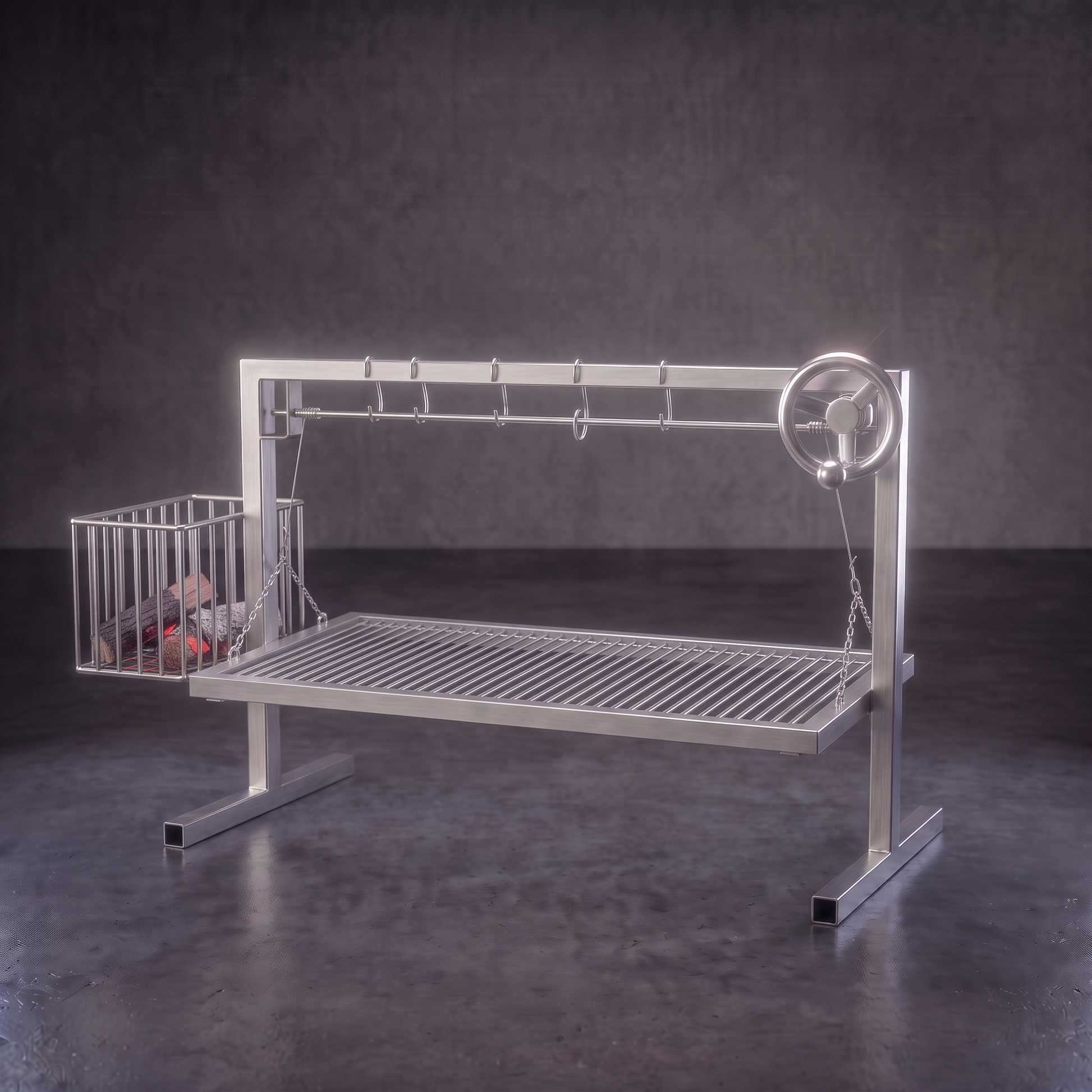 Vista tres cuartos de la parrilla modular estilo argentino con quemador lateral