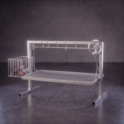Vista tres cuartos de la parrilla modular estilo argentino con quemador lateral