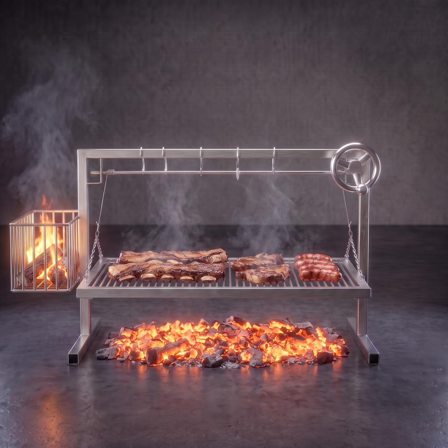 Parrilla estilo argentino en uso: fuego en el quemador lateral, brasas bajo la reja y asado en la parrilla