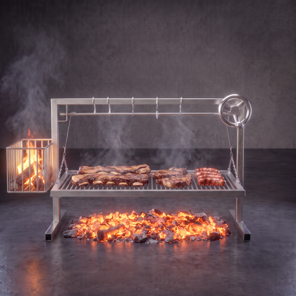 Parrilla estilo argentino en uso: fuego en el quemador lateral, brasas bajo la reja y asado en la parrilla